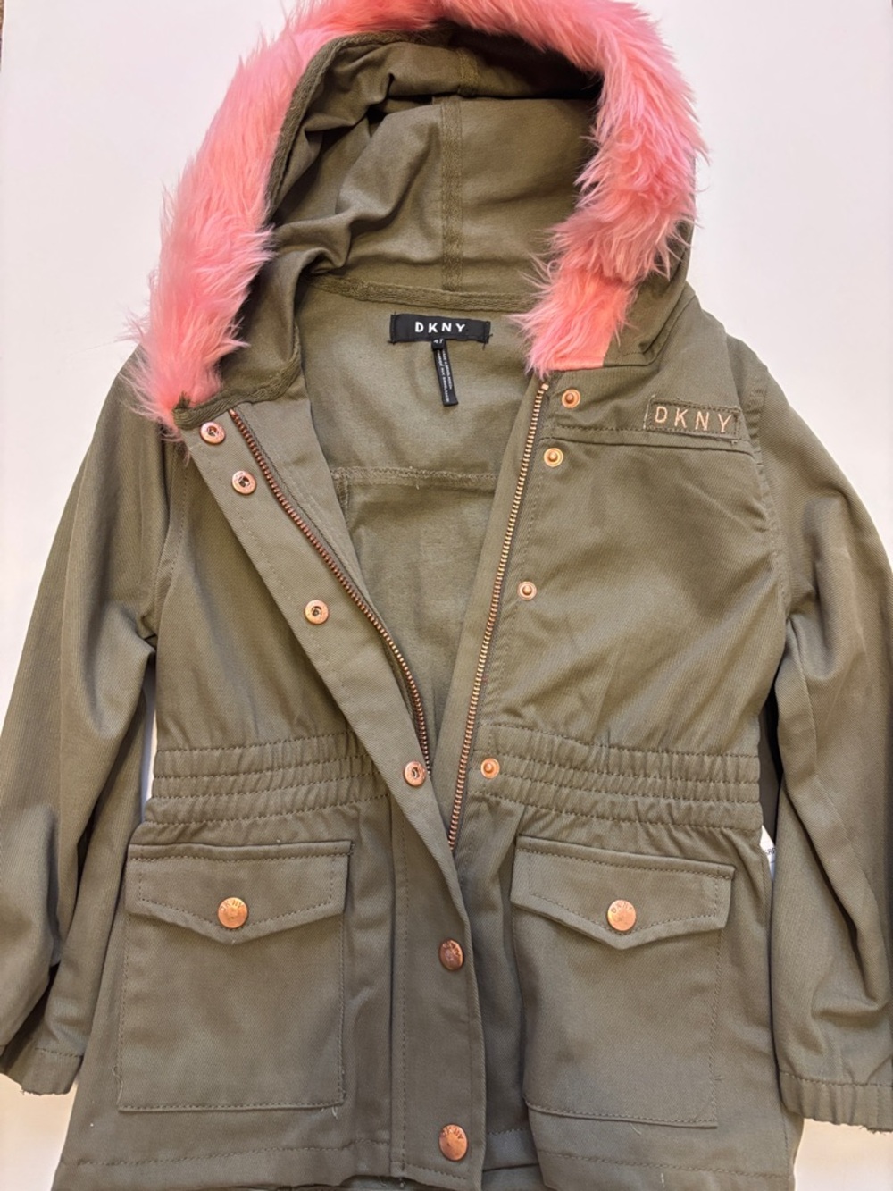 DKNY Olive Utility Jacket with Pink Faux Fur Hood Trim